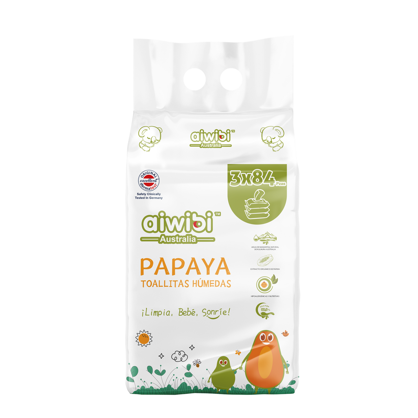 Envase de toallitas frescas para bebés con sabor a papaya
