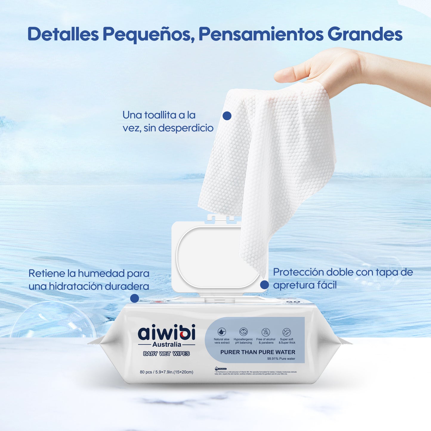 Toallitas con 99,91% Agua Pura y D-Pantenol