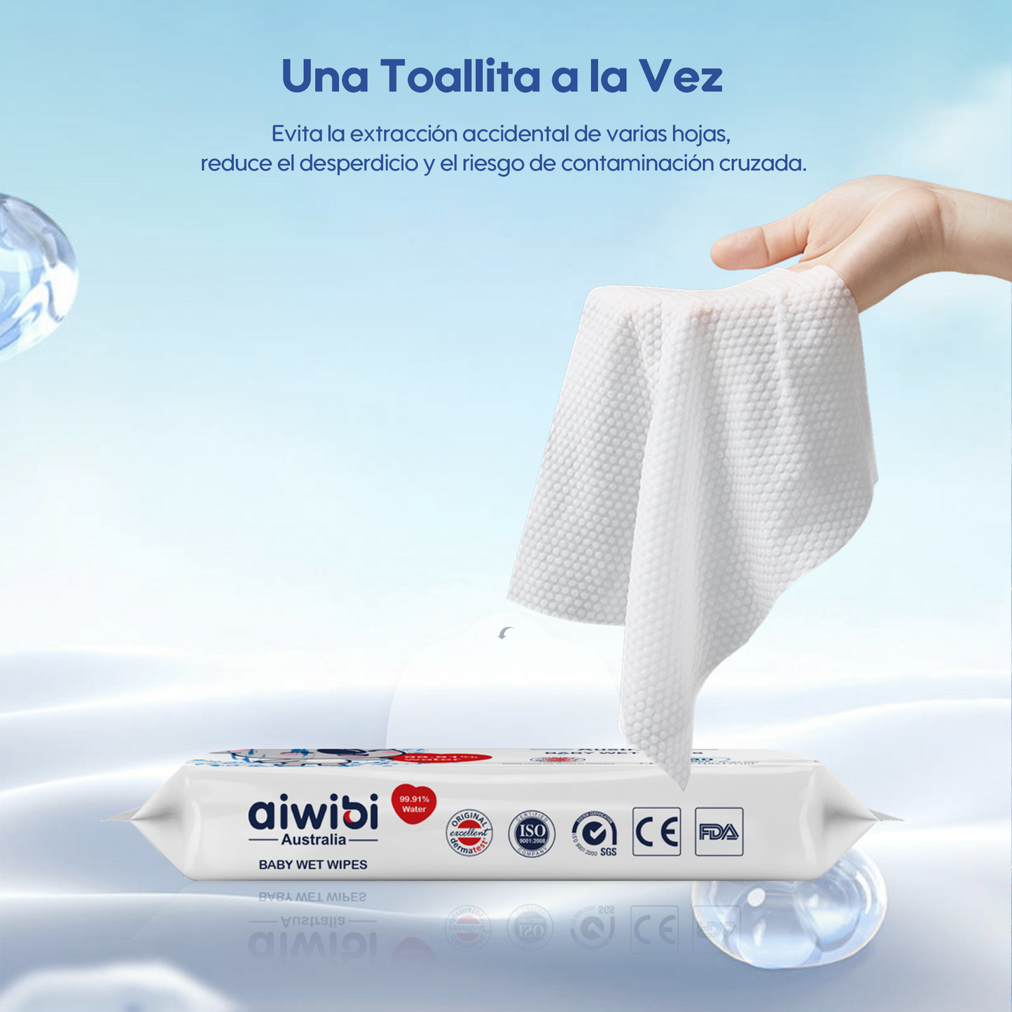 Toallitas húmedas para bebé hechas con tela no tejida suave y 99.91% agua pura EDI, con aloe vera calmante.