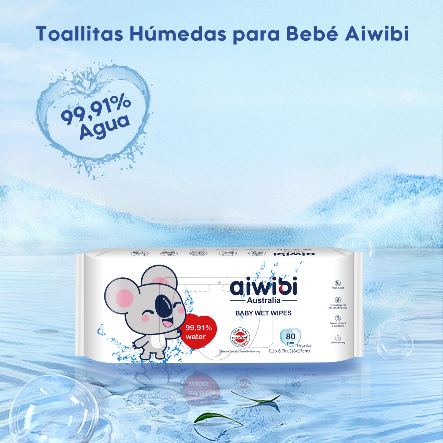 Paquete de toallitas húmedas para bebé Aiwibi con 80 unidades y 99.91% agua pura.