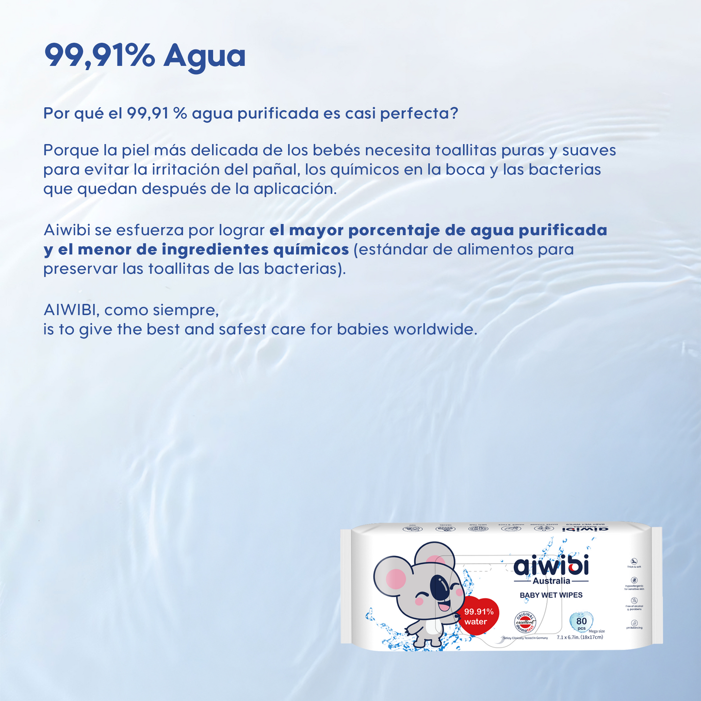 Toallitas Húmedas para Bebé Cuidado Premium Aiwibi con 99.91% Agua Pura, ideales para limpieza natural.