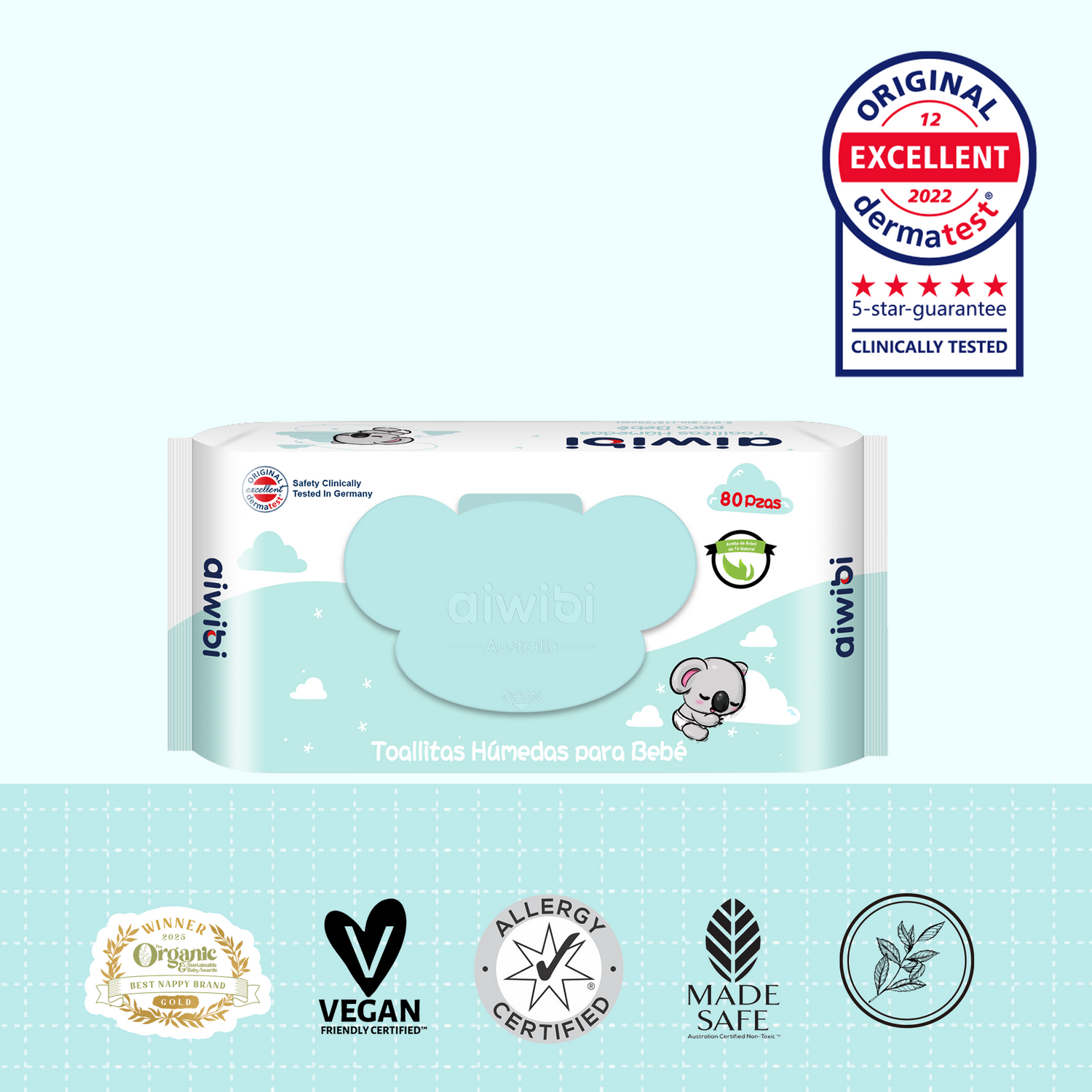 Toallitas Piel Sensible Gentle Soft Tapa Koala Aroma Aceite de Té Natural