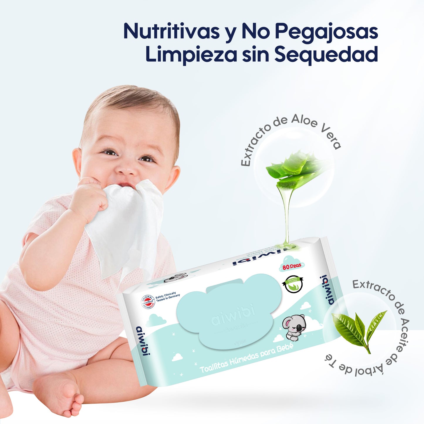 Toallitas Piel Sensible Gentle Soft Tapa Koala Aroma Aceite de Té Natural
