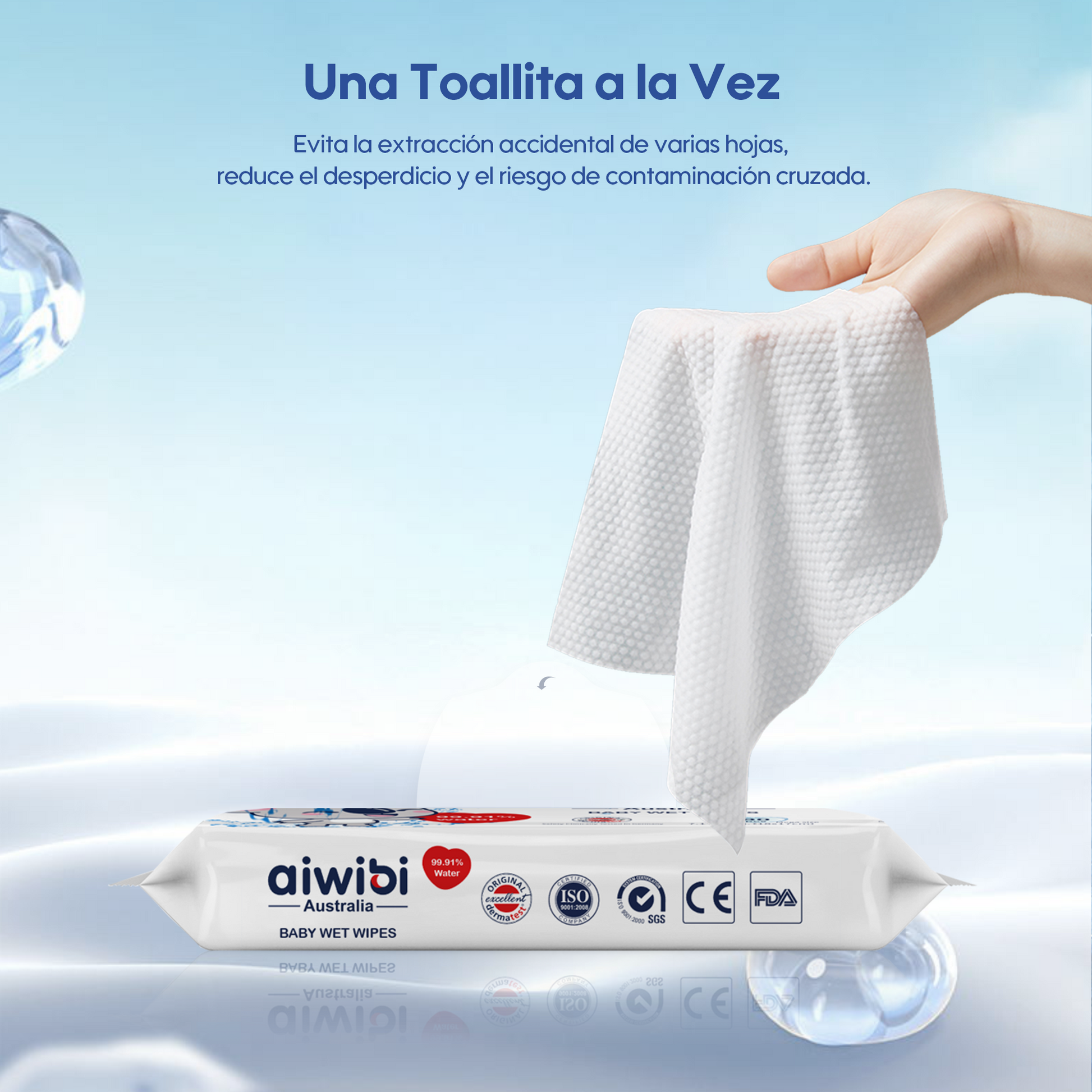 Toallitas húmedas para bebé hechas con tela no tejida suave y 99.91% agua pura EDI, con aloe vera calmante.