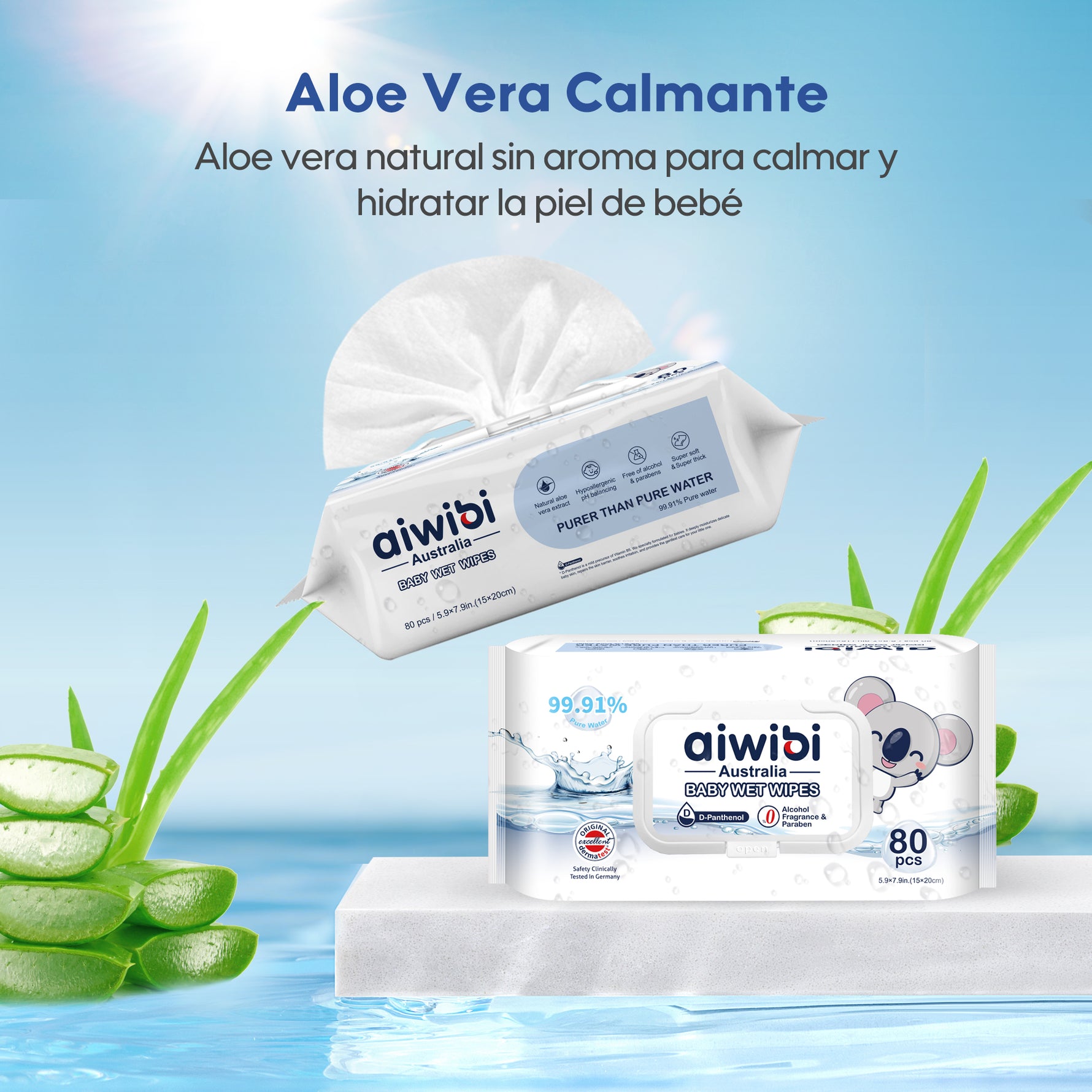Toallitas con 99,91% Agua Pura y D-Pantenol: Aloe vera natural sin aroma para calmar yhidratar la piel de bebé.